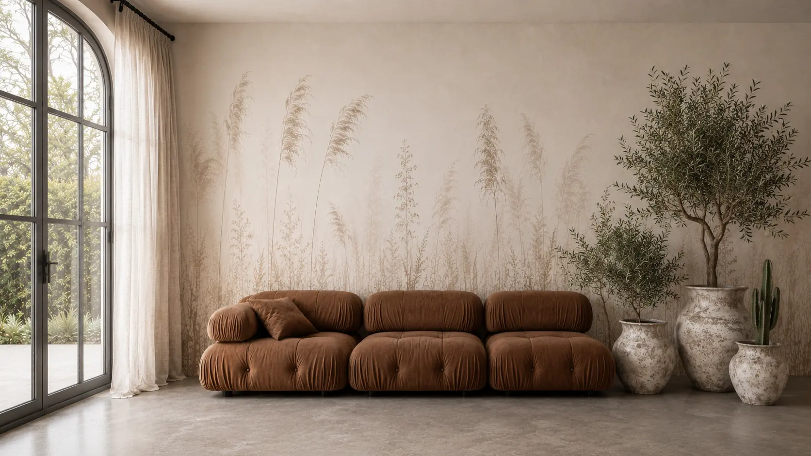 SILU interior vignette with botanical grass wallcovering, cognac modular sofa, olive tree, and hand-finished ceramic vases in natural daylight
