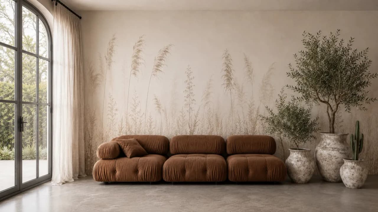 SILU interior vignette with botanical grass wallcovering, cognac modular sofa, olive tree, and hand-finished ceramic vases in natural daylight